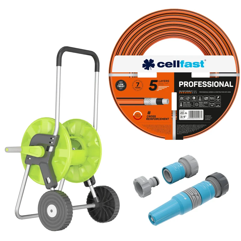 Cellfast-tuinslang, PROFESSIONAL 3/4" 20 m + Cellfast Economic-slangwagen 1/2" 45 m + Set met rechte sproeier 3/4" IDEAL