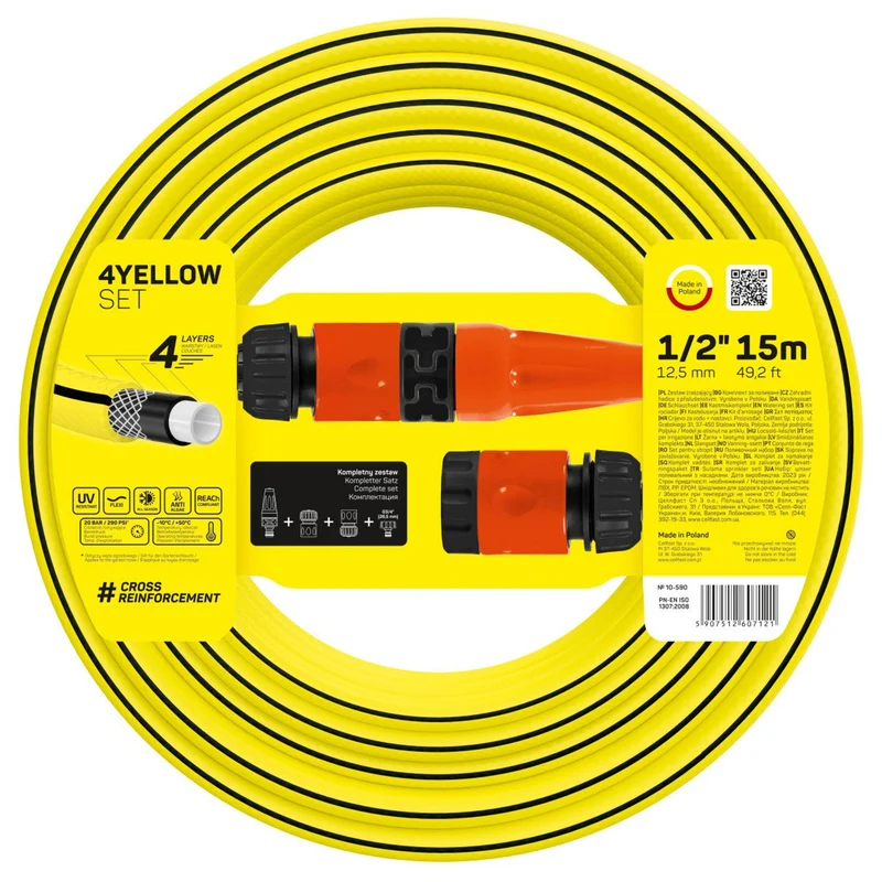 Cellfast 4Yellow 4-Laags Tuinslangen Set met Accessoires Garden Cross Mesh UV- en Algenbestendig Max. 20 bar sproeier 1/2 inch 15 m