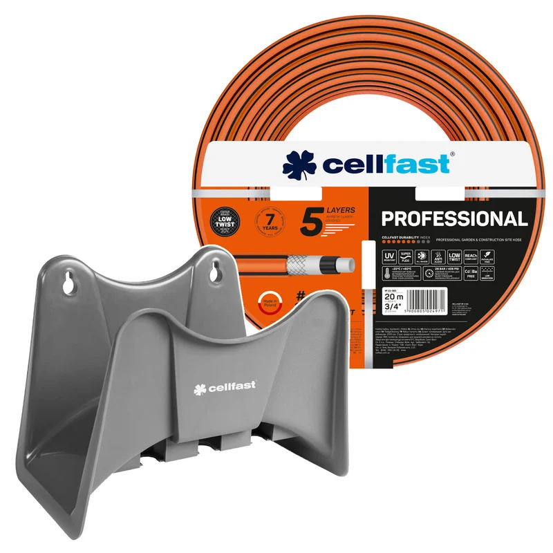 Cellfast-tuinslang, PROFESSIONAL 3/4" 20 m + Cellfast-slanghouder, grijs