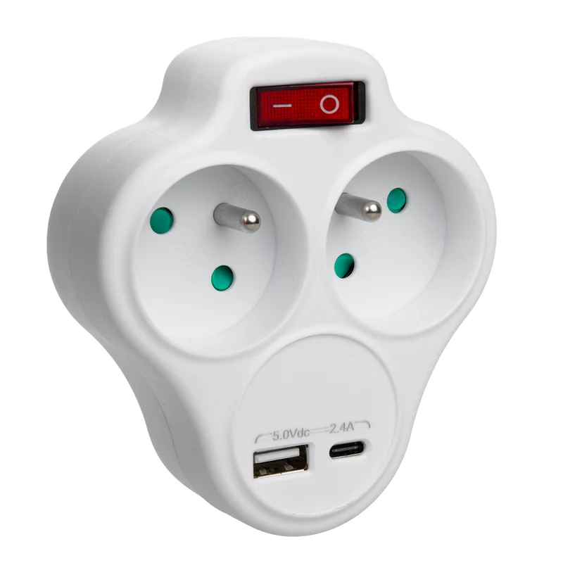 Maclean-stopcontact, stekkerdoos met 2 stopcontacten en USB A/C 2,4 A, type E, 2x16 A, MCE336 E