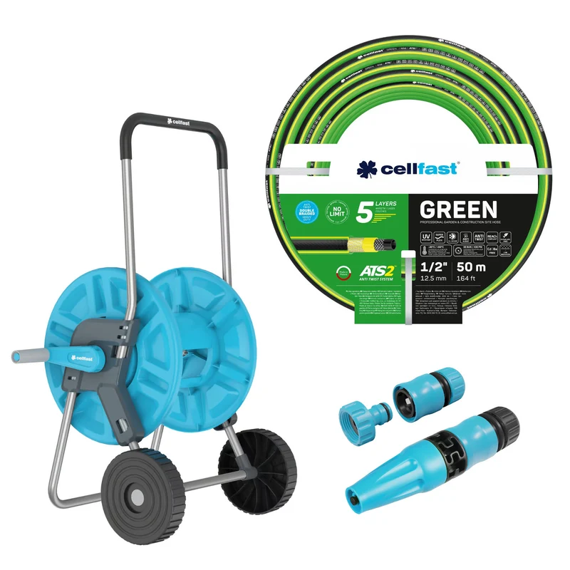 Chariot pour tuyau Cellfast Aluplus 1/2" 60 m + tuyau d'arrosage Cellfast Green ATS2 1/2" 50 m + kit avec arroseur droit Cellfast Basic 1/2"