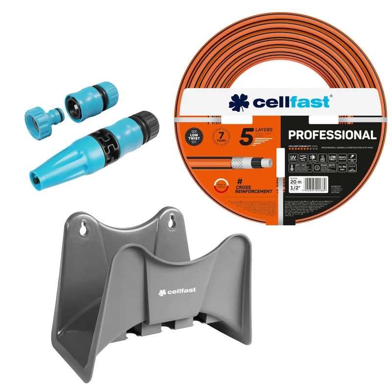 Tuyau d'arrosage Cellfast, PROFESSIONAL 1/2" 20 m + support pour tuyau Cellfast gris + kit avec arroseur droit Cellfast Basic 1/2"