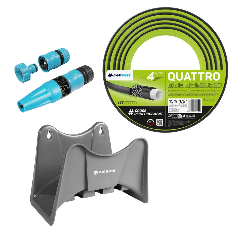 Tuyau d'arrosage Cellfast Quattro 1/2" 15 m + support pour tuyau Cellfast gris + kit avec arroseur droit Cellfast Basic 1/2"