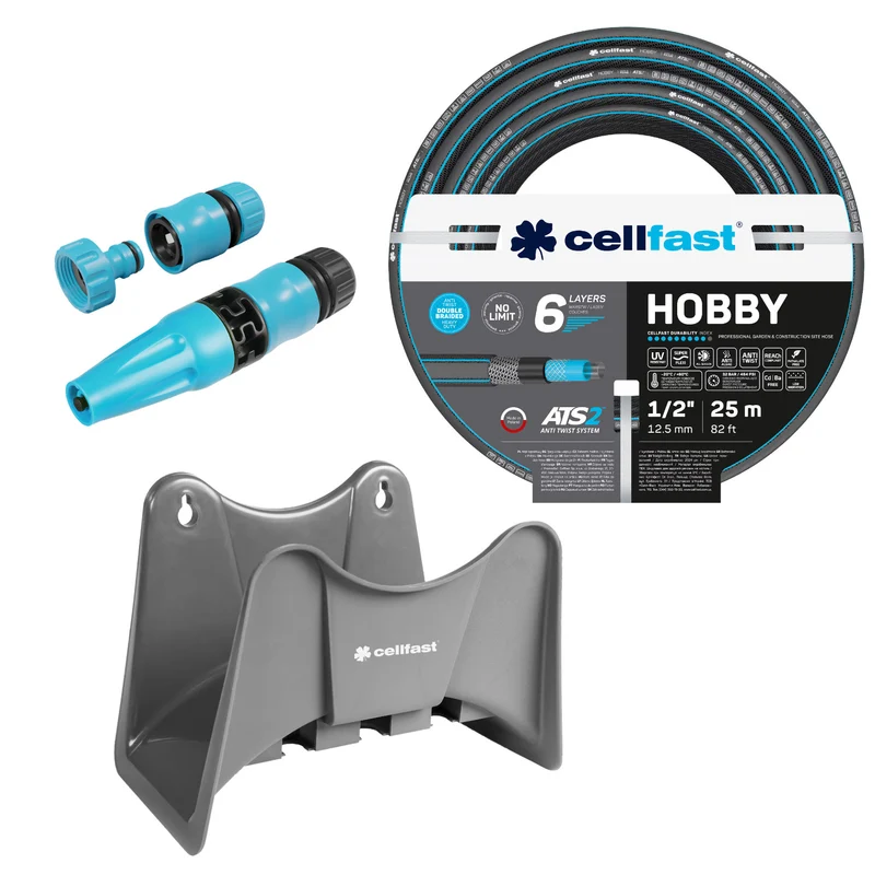 Tuyau d'arrosage Cellfast Hobby ATS2 1/2" 25 m + support pour tuyau Cellfast gris + kit avec arroseur droit Cellfast Basic 1/2"