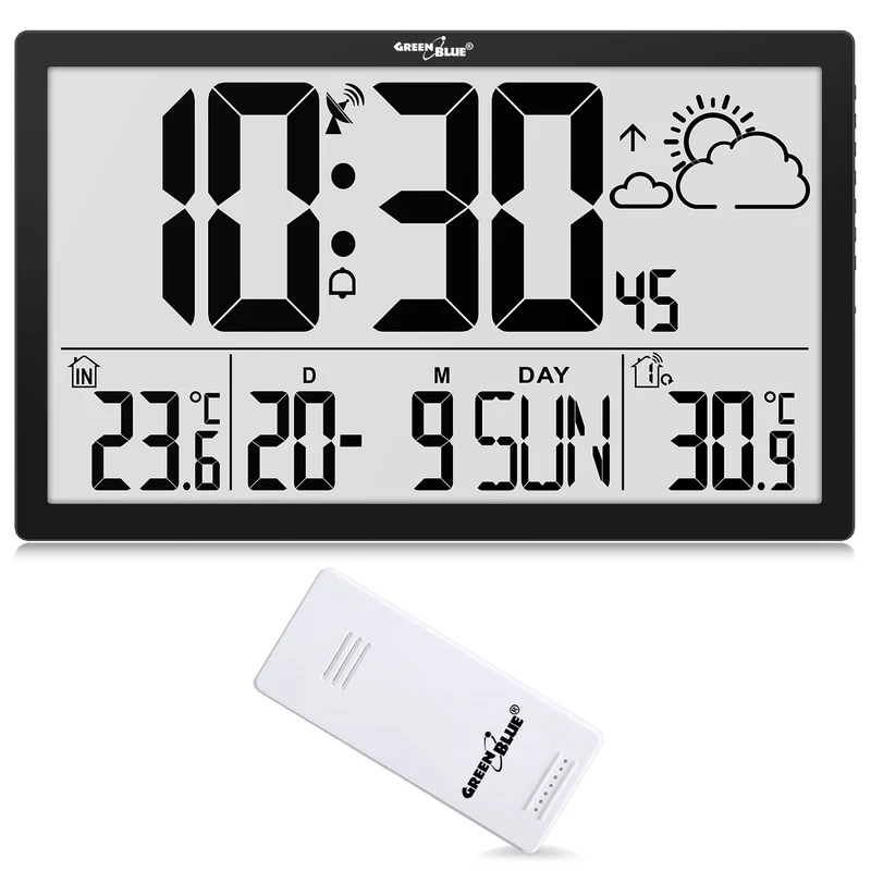 Station météo Horloge murale numérique avec capteur extérieur, horloge DCF, 37x22,5cm Grande horloge murale, alarme avec fonction snooze, écran LCD, température intérieure et extérieure, prévisions météorologiques