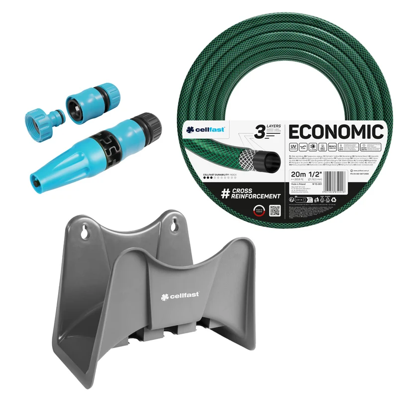 Tuyau d'arrosage Cellfast Economic 1/2" 20 m + support pour tuyau Cellfast gris + kit avec arroseur droit Cellfast Basic 1/2"