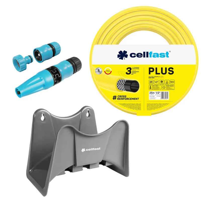 Tuyau d'arrosage Cellfast Plus 1/2" 25 m + support pour tuyau Cellfast gris + kit avec arroseur droit Cellfast Basic 1/2"