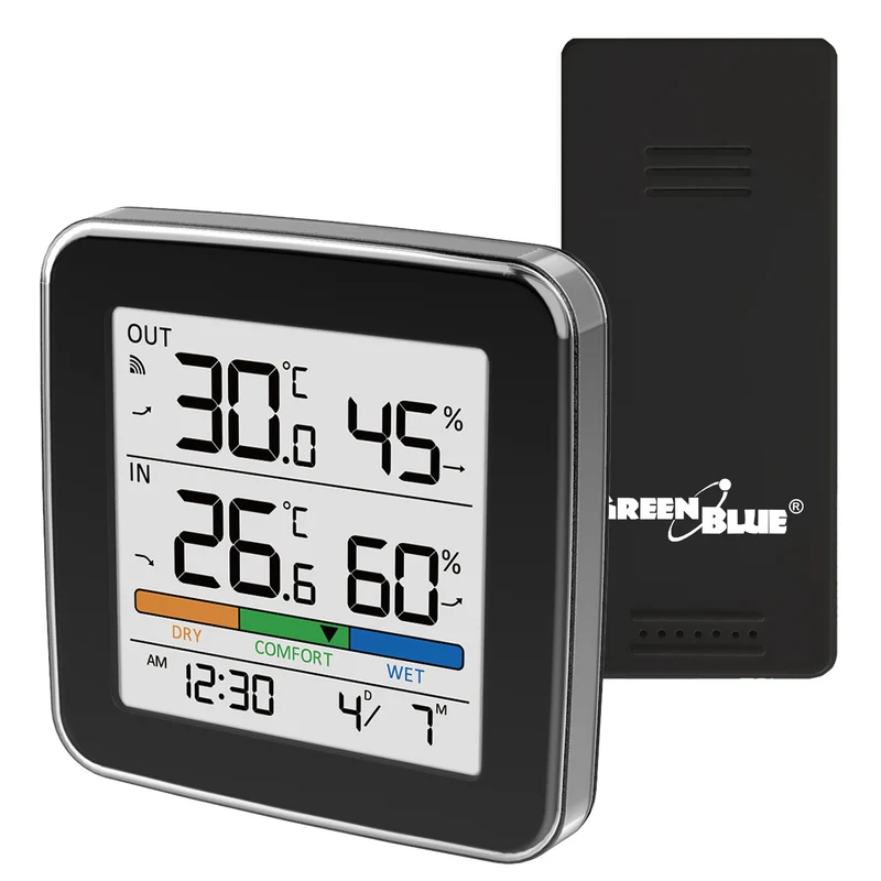 GreenBlue draadloos weerstation, temperatuur + luchtvochtigheid binnen/buiten, klok + wekker + datum, °C / °F, tot 60 m, zwart, GB169 B