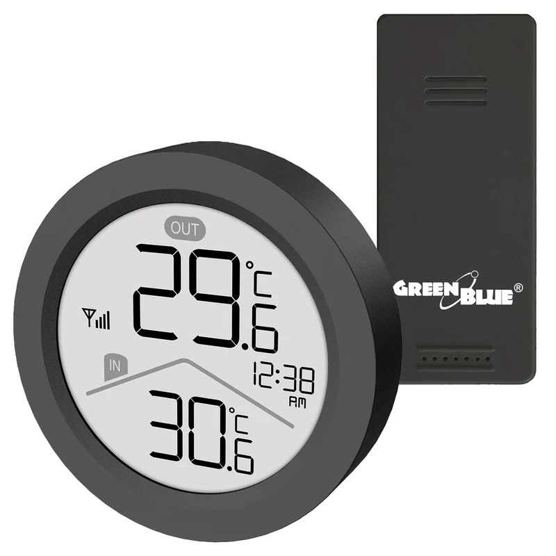 GreenBlue draadloos weerstation, binnen- en buitentemperatuur, klok, keuze uit °C / °F, bereik tot 60 m, zwart, GB162 B
