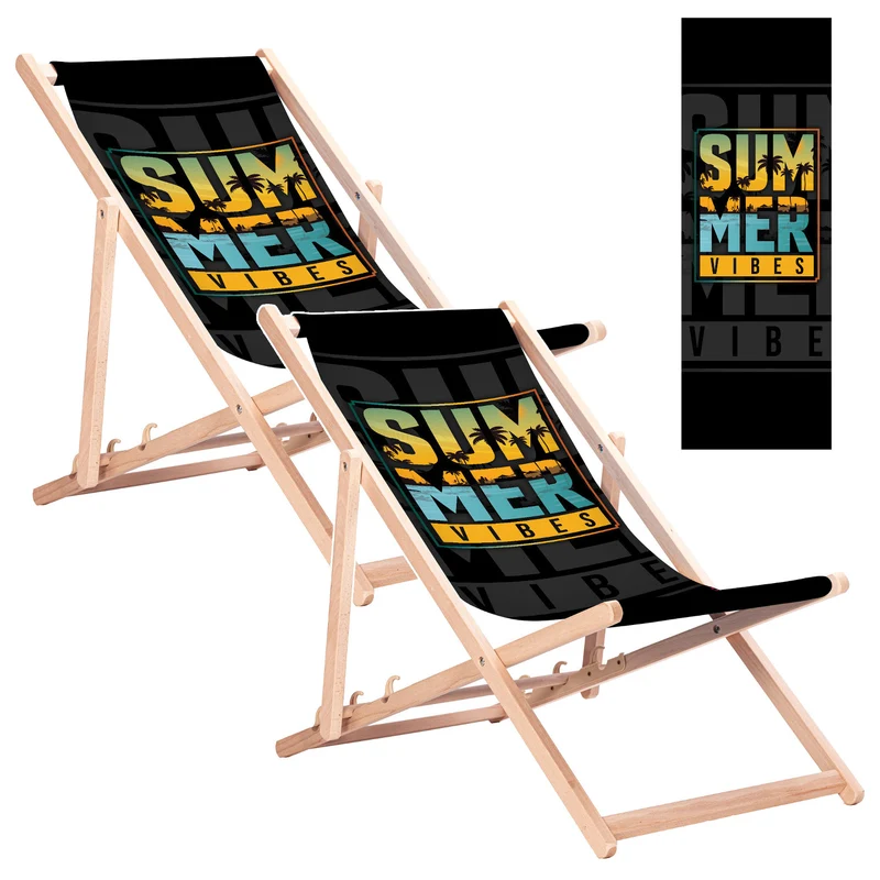 Klassieke ligstoel van beukenhout GreenBlue GB183 met printmotief Summer Vibes, 2 stuks