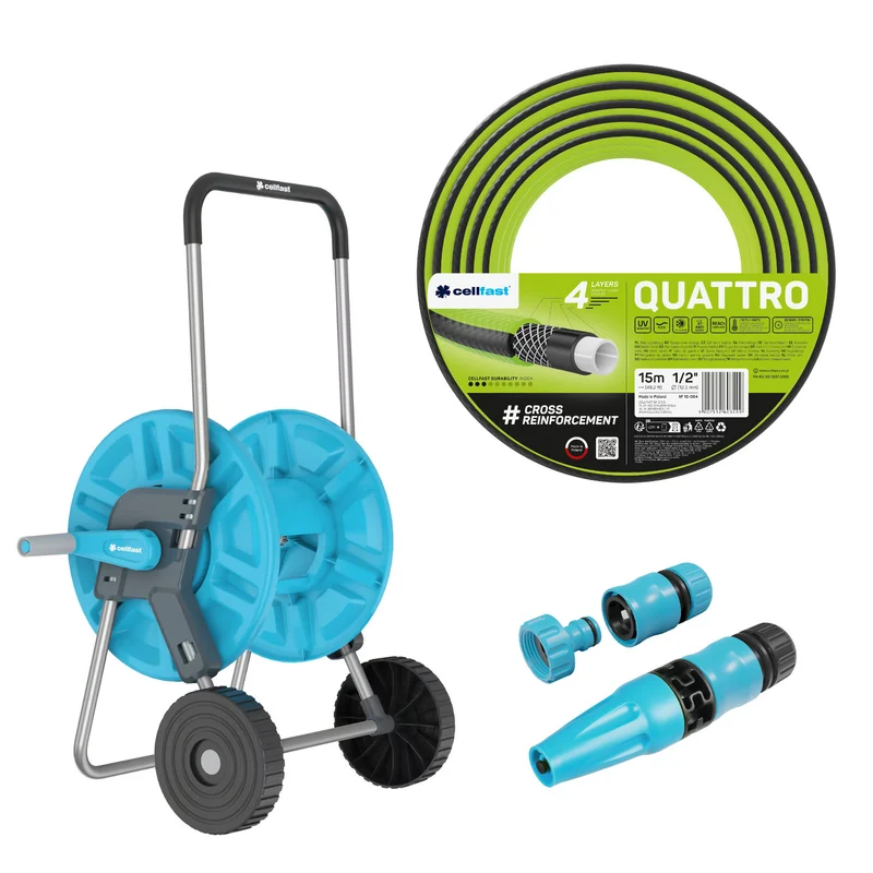 Cellfast Aluplus-slangwagen 1/2" 60 m + Cellfast Quattro-tuinslang 1/2" 15 m + set met Cellfast Basic-sproeier 1/2"