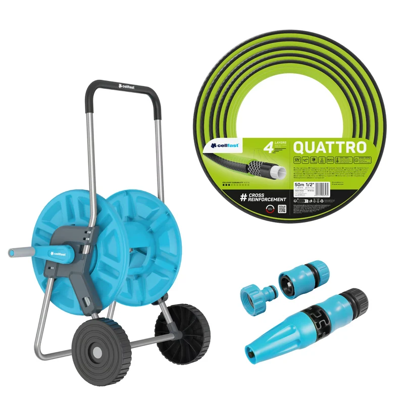 Cellfast Aluplus-slangwagen 1/2" 60 m + Cellfast Quattro-tuinslang 1/2" 50 m + set met Cellfast Basic-sproeier 1/2"