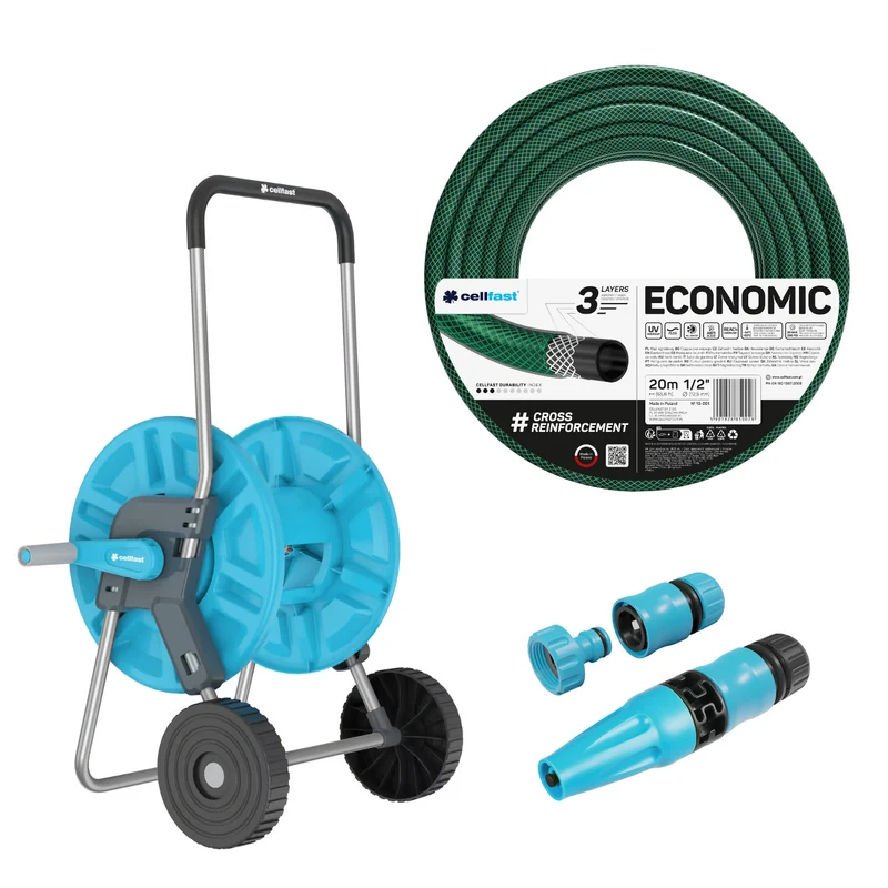 Cellfast Aluplus-slangwagen 1/2" 60 m + Cellfast Economic-tuinslang 1/2" 20 m + set met Cellfast Basic-sproeier 1/2"