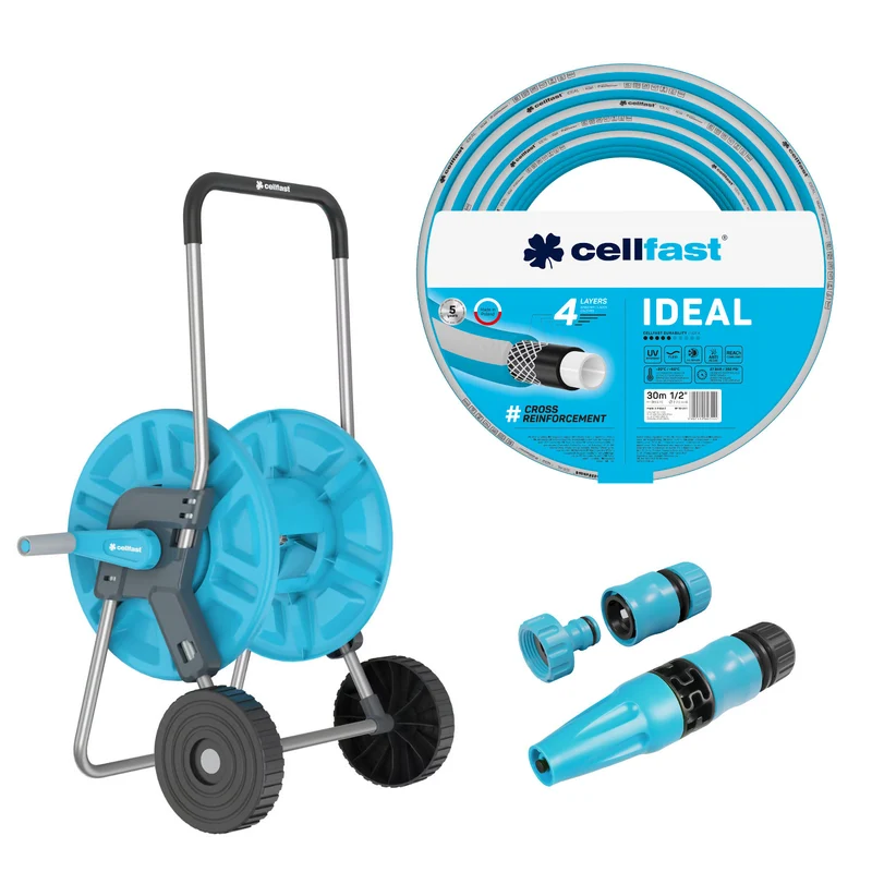 Chariot pour tuyau Cellfast Aluplus 1/2" 60 m + Tuyau d'arrosage Cellfast IDEAL 1/2" 30 m + Kit avec arroseur droit Cellfast Basic 1/2"