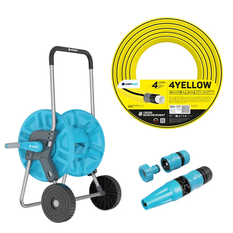 Cellfast Aluplus-slangwagen 1/2" 60 m + Cellfast 4YELLOW-tuinslang 1/2" 50 m + set met Cellfast Basic-sproeier 1/2"