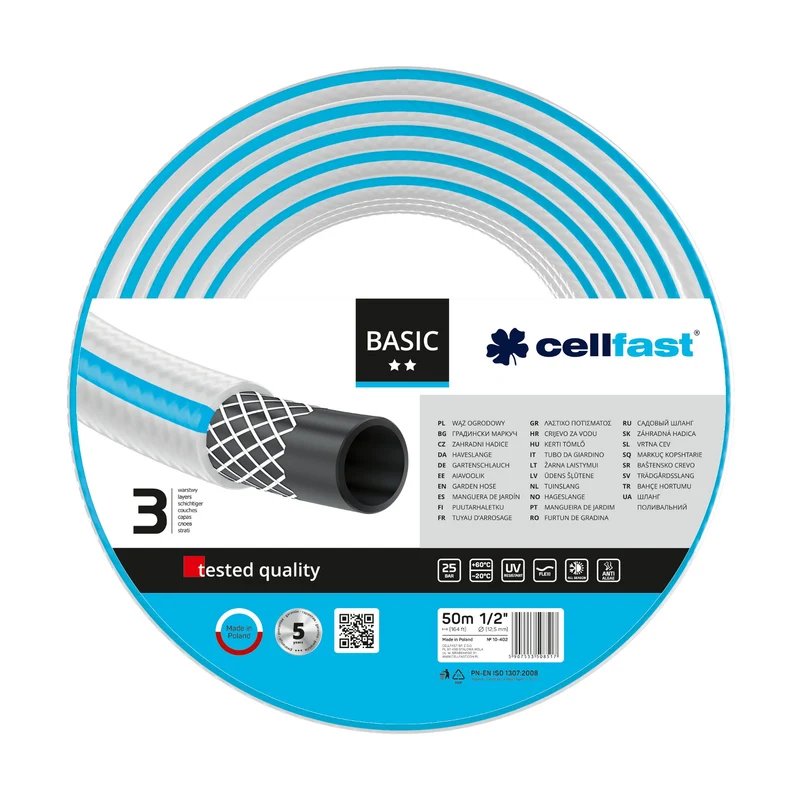 Duurzame 3-lagige tuinslang Cellfast Basic 1/2" 50m