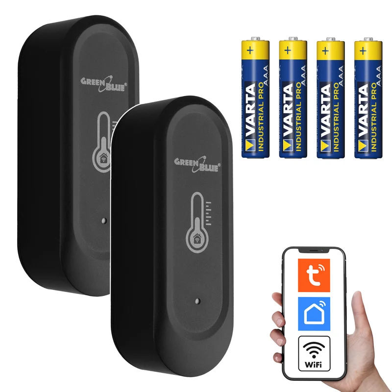 GreenBlue WiFi-temperatuur- en vochtigheidssensor voor buiten, Android/iOS, 3,0 V DC, LR03x2, IP65, GB741, 2 stuks + 4x Varta Industrial 4003 AAA-alkalinebatterijen