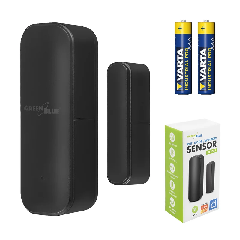 GB479 B Draadloze reedschakelaar / WiFi-openingssensor van GreenBlue, Android/iOS, voor deuren / ramen, 3,0 V DC, LR03x2, GB479 B + 2x R-03 LR03 AAA-alkalinebatterij van Varta Industrial 4003