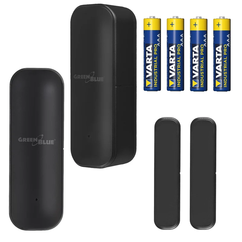 Draadloze reedschakelaar / WiFi-openingssensor van GreenBlue, Android/iOS, voor deuren / ramen, 3,0 V DC, LR03x2, GB479 B, 2 stuks + 4x AAA-alkalinebatterij van Varta Industrial 4003