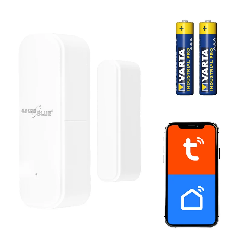 Draadloze contactschakelaar / WiFi-openingssensor GreenBlue, Android/iOS, voor deuren / ramen, 3,0 V DC, LR03x2, GB479 W + 2x R-03 LR03 AAA-alkalinebatterij Varta Industrial 4003
