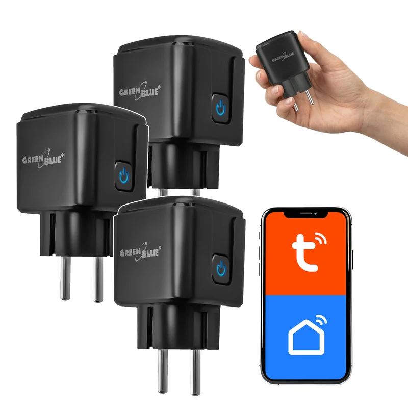 GreenBlue WiFi-stopcontact met afstandsbediening, Android/iOS/Alexa/Google Home, timer, wattmeter, max. 16 A/3840 W, GB735 B, 3 stuks