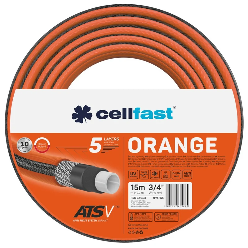 Cellfast ATSV ™ tuinslang 5-laags tuinslang Waterslang tricot stof UV-bestendig 24 bar barstdruk (3/4 "15m) - Oranje