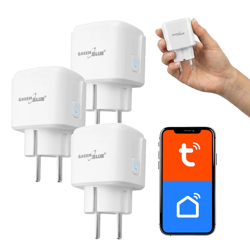 GreenBlue WiFi-stopcontact met afstandsbediening, Android/iOS/Alexa/Google Home, timer, wattmeter, max. 16 A/3840 W, GB735 W, 3 stuks