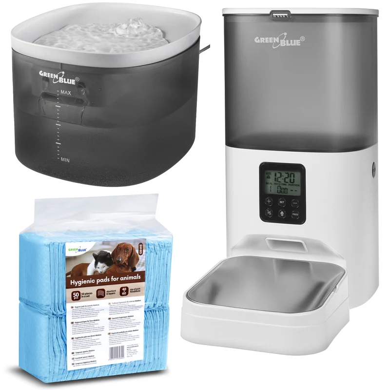 GreenBlue GB392 automatische waterdispenser / drinkautomaat voor huisdieren + GreenBlue GB393 automatische voedseldispenser / voederautomaat voor huisdieren + 60x40cm, 50pc onderlegger, GB495