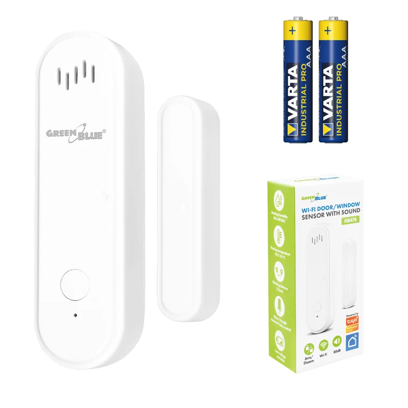 Draadloze contactschakelaar / WiFi-openingssensor van GreenBlue, Android/iOS, voor deuren / ramen, 3,0 V DC, LR03x2, met alarm, GB478 + 2x R-03 LR03 AAA-alkalinebatterij van Varta Industrial 4003