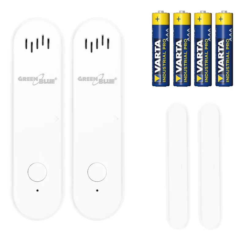 Draadloze contactschakelaar / WiFi-openingssensor van GreenBlue, Android/iOS, voor deuren / ramen, 3,0 V DC, LR03x2, met alarm, GB478 2 stuks + 4x AAA-alkalinebatterij Varta Industrial 4003
