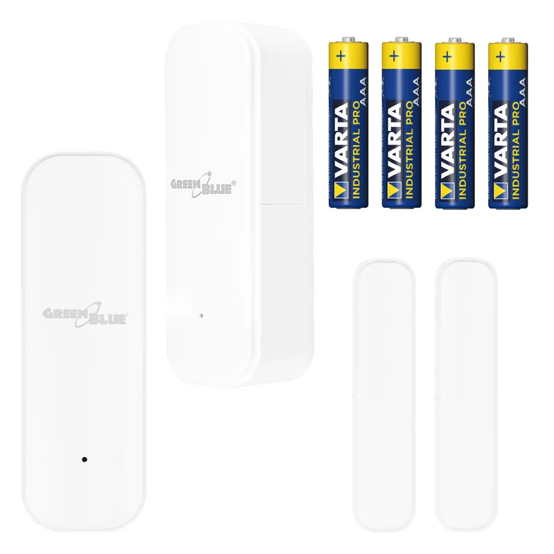 Draadloze contactschakelaar / WiFi-openingssensor van GreenBlue, Android/iOS, voor deuren / ramen, 3,0 V DC, LR03x2, GB479, 2 stuks + 4x Varta Industrial 4003 AAA-alkalinebatterijen