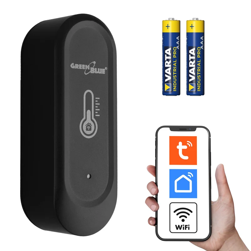 GreenBlue WiFi-temperatuur- en vochtigheidssensor voor buiten, Android/iOS, 3,0 V DC, LR03x2, IP65, GB741 + 2x R-03 LR03 AAA-alkalinebatterij van Varta Industrial 4003
