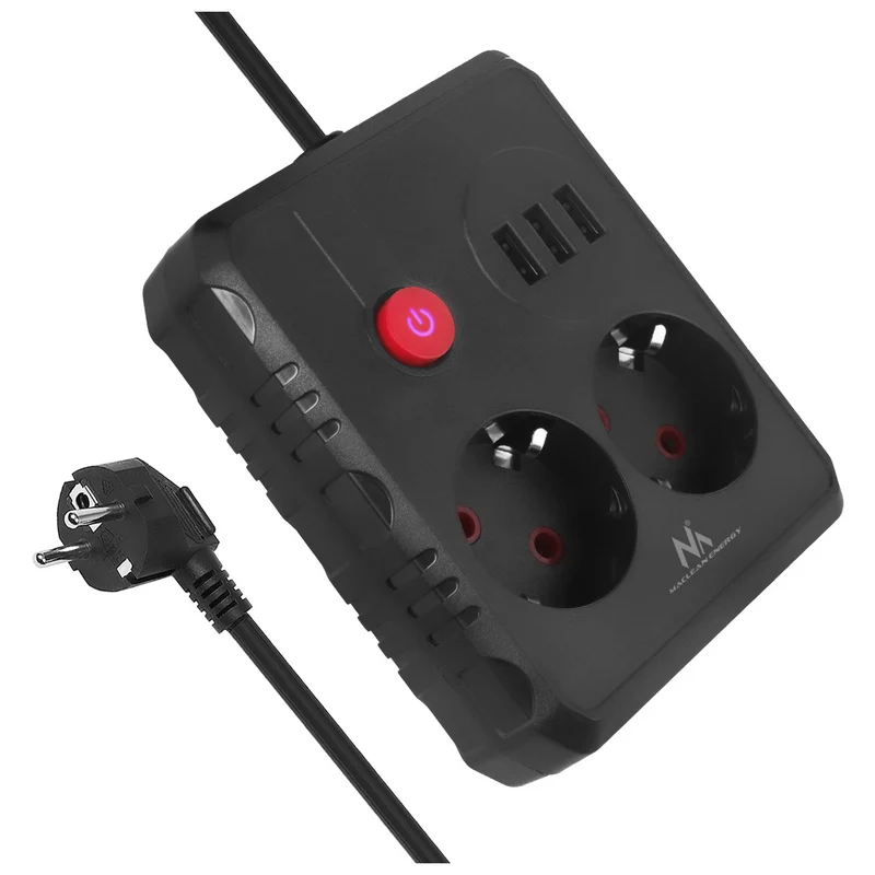 Maclean stekkerdoos, verlengkabel 2 stopcontacten + 3xUSB, 110-240V AC 50/60Hz, 2,1A max 2500W, 3 m, zwart, MCE388 B
