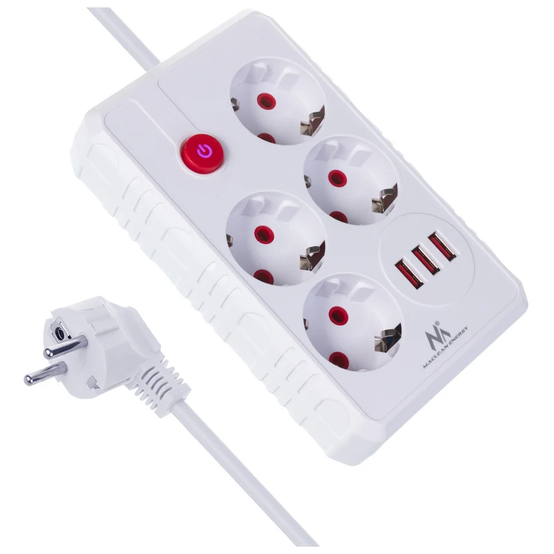 Maclean stekkerdoos, 4-polige verlengkabel + 3xUSB, 110-240V AC 50/60Hz, 2,1A max 2500W, 1,5m, wit, MCE392 W