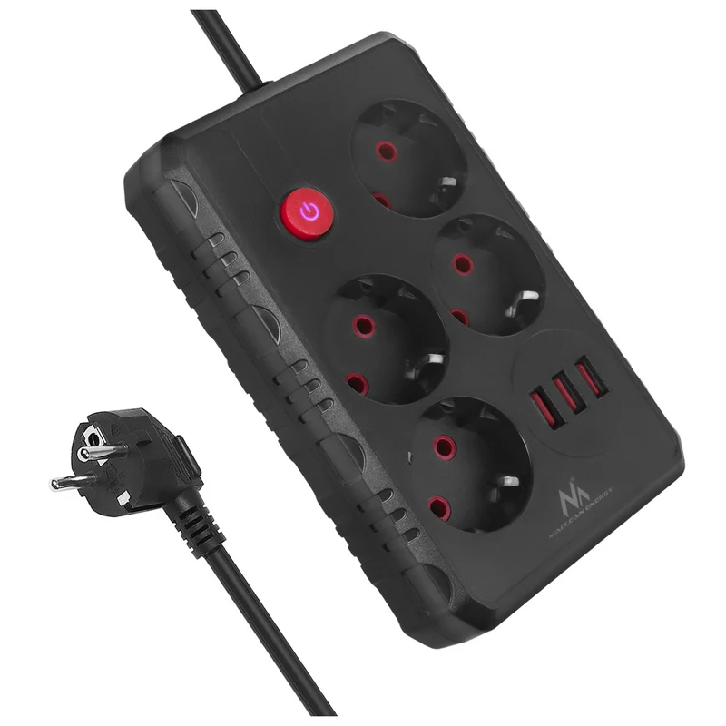 Maclean stekkerdoos, 4-polige verlengkabel + 3xUSB, 110-240V AC 50/60Hz, 2,1A max 2500W, 1,5m, zwart, MCE392 B