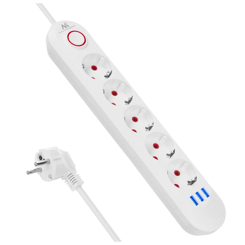 Maclean stekkerdoos, 5-polige verlengkabel + 3xUSB, 110-240V AC 50/60Hz, 2,1A max 2500W, 1,5m, wit, MCE395 W