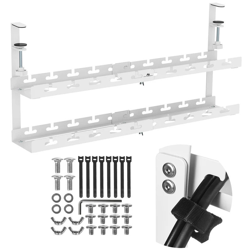 Maclean kabelopbergsysteem voor onder het bureau, max. belasting 5kg, max. 728 mm, 2 niveaus, wit, MC-102 W