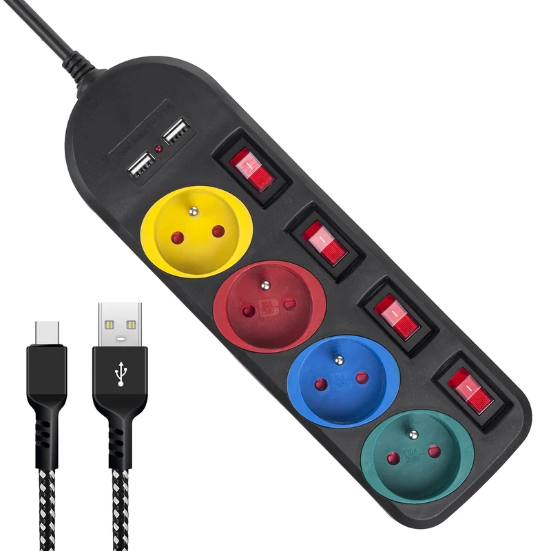 Maclean stekkerdoos, 4-voudige verlengkabel + 2xUSB, met schakelaars, 250VAC/10A, 2,1A 5V, 1,5m, wit, MCE229B + USB-kabel MCE471