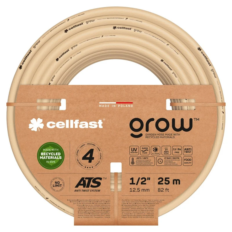 Cellfast GROW Tuinslang Heavy Duty Flexibel 4-Laags Duurzaam ATS Jersey UV- en Algenbestendig 27 Bar -20/+60° Sluiting 1/2 Inch 25 m