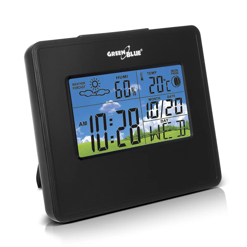 Weerstation klokkalender maanfase Groenblauw GB148B zwart