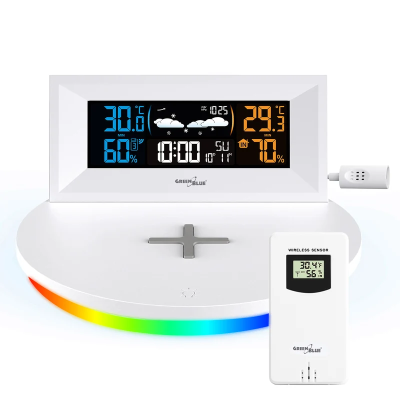 GreenBlue - Draadloos weerstation met draadloze Qi-oplader | Mood Light Base - Externe Sensor Binnen- en Buitenthermometer - Wit