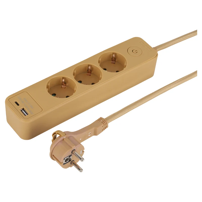 Q-Link stekkerdoos 3-voudig 3x geaard, 1x USB A, 1x USB C matgoud 1,5m