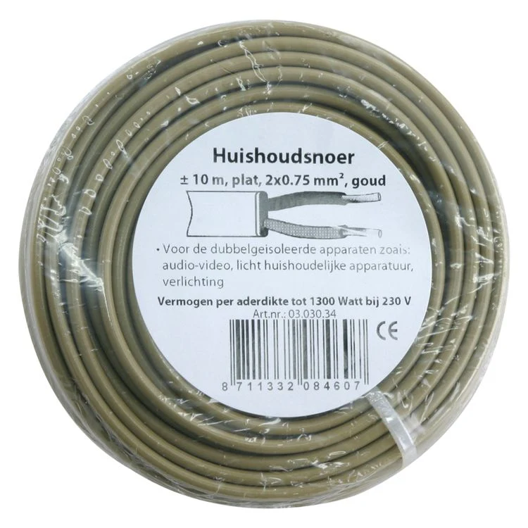 Huishoudsnoer plat 0,75 qm goud 10m
